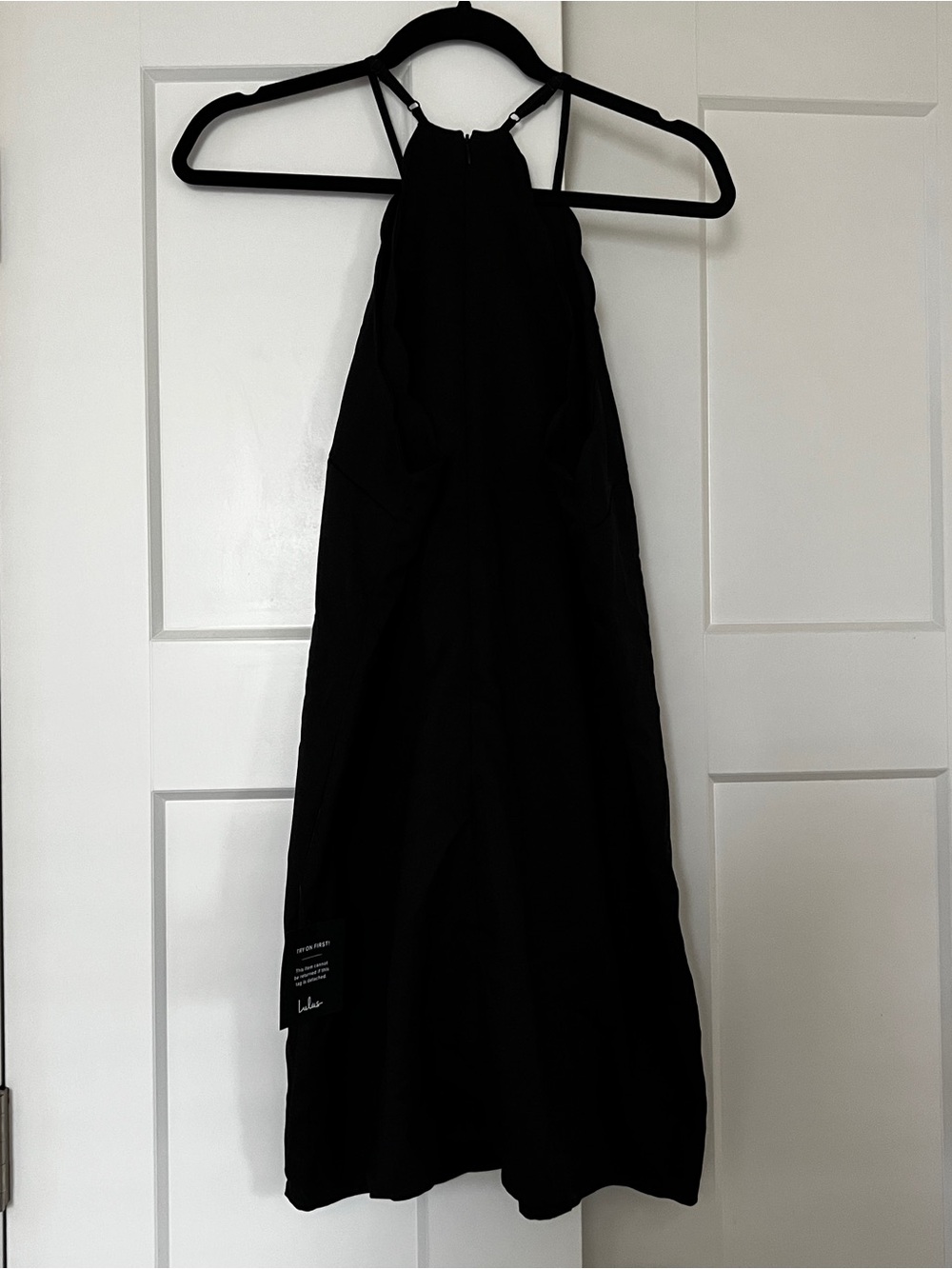 Lulu's Black Satin Halter Dress with Scalloped Edge